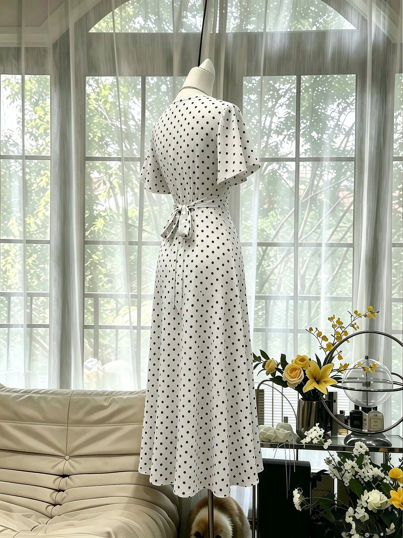 Celisse Polka Dot Red Tie-Waist Midi Dress