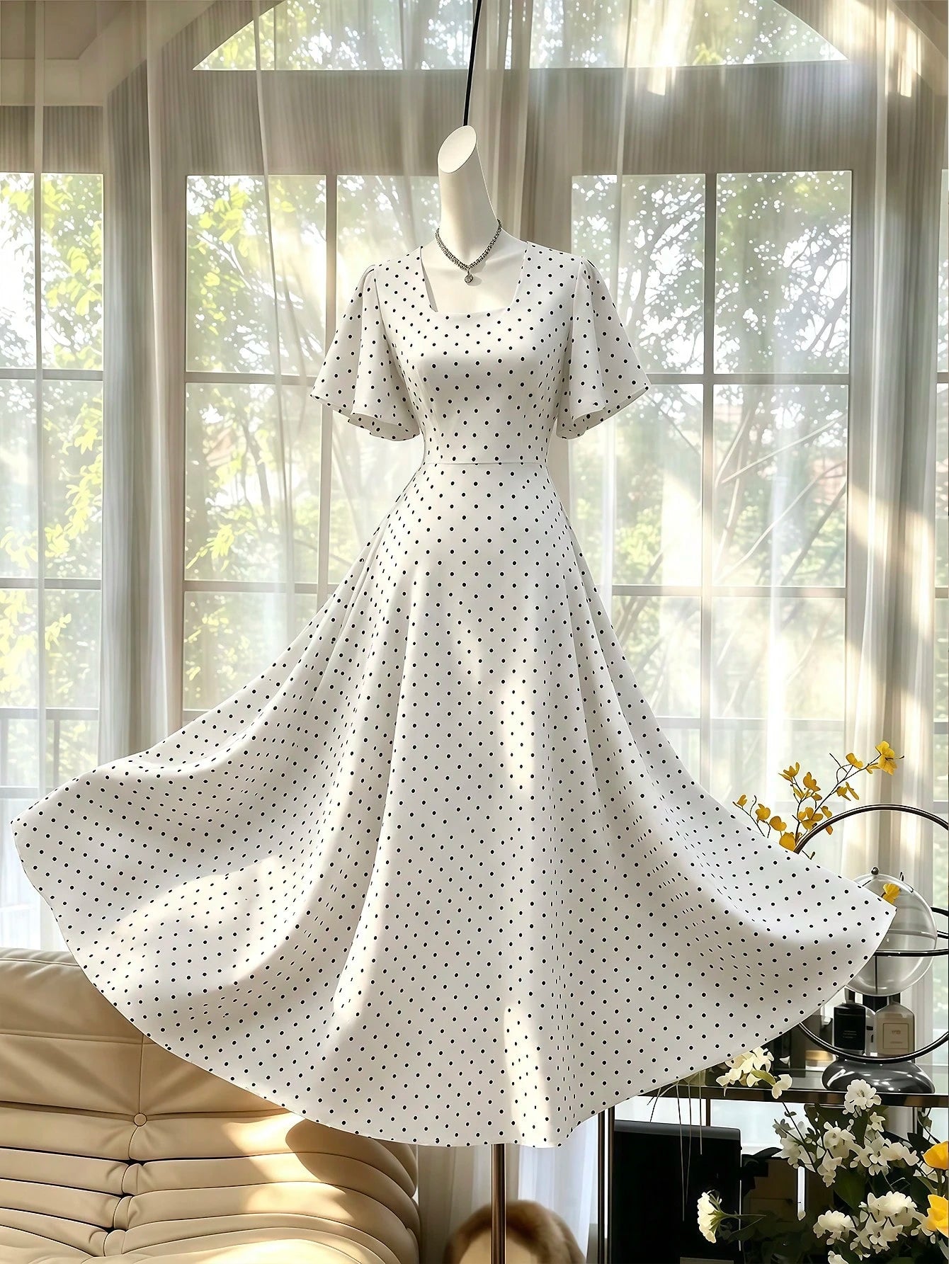 Celisse Polka Dot Red Tie-Waist Midi Dress
