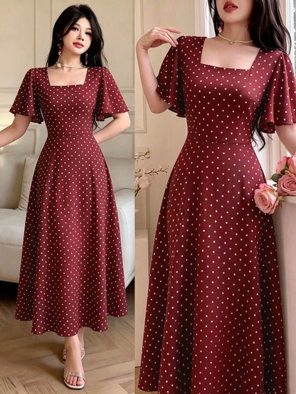 Celisse Polka Dot Red Tie-Waist Midi Dress