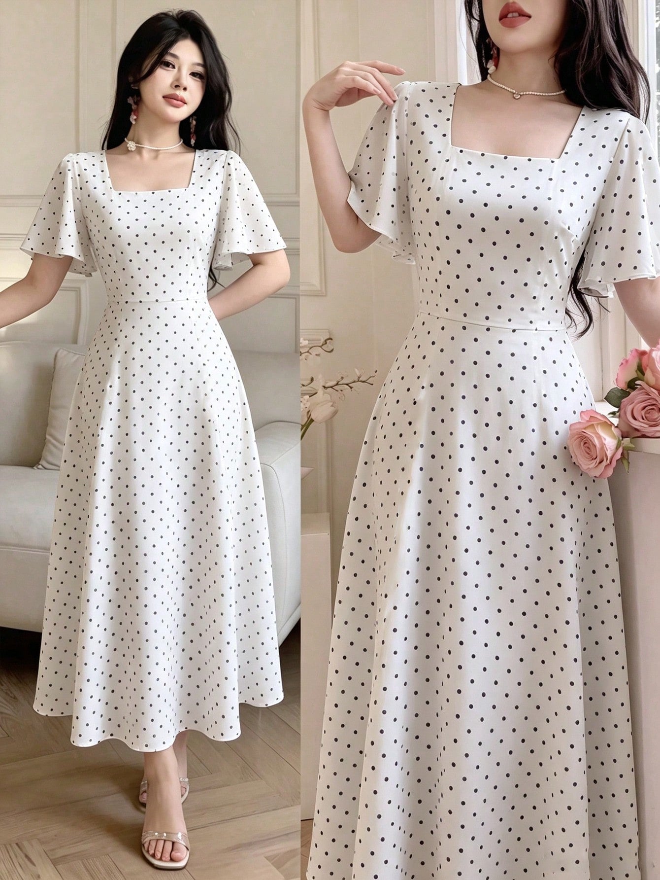 Celisse Polka Dot Red Tie-Waist Midi Dress