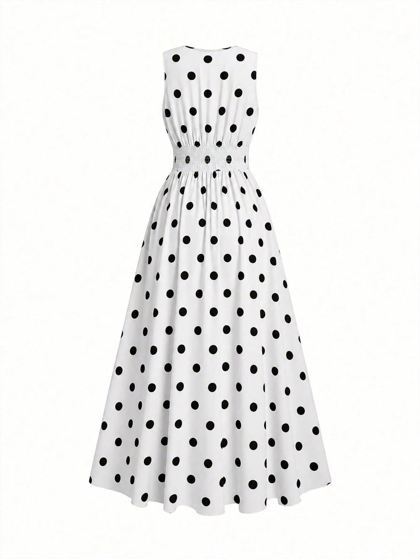 Celisse Women's Elegant White Polka Dot Sleeveless V Neck Smocked Waist Flowy A Line Maxi Dress, Summer Vacation Party Date Holiday Beach Wedding Guest Outfit