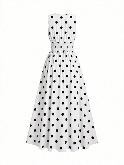 Celisse Women's Elegant White Polka Dot Sleeveless V Neck Smocked Waist Flowy A Line Maxi Dress, Summer Vacation Party Date Holiday Beach Wedding Guest Outfit