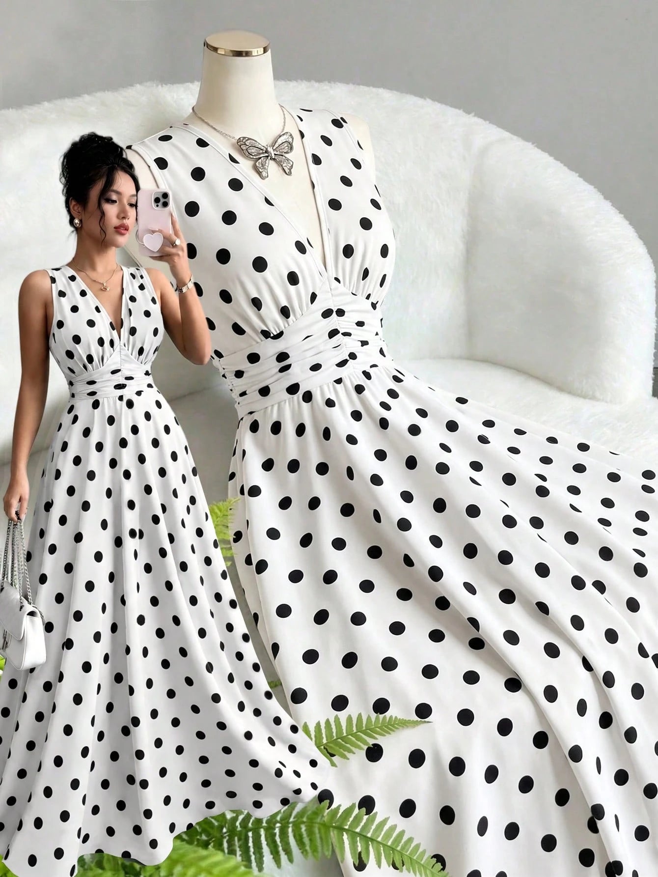 Celisse Women's Elegant White Polka Dot Sleeveless V Neck Smocked Waist Flowy A Line Maxi Dress, Summer Vacation Party Date Holiday Beach Wedding Guest Outfit
