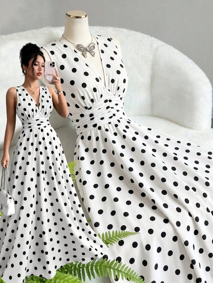 Celisse Women's Elegant White Polka Dot Sleeveless V Neck Smocked Waist Flowy A Line Maxi Dress, Summer Vacation Party Date Holiday Beach Wedding Guest Outfit