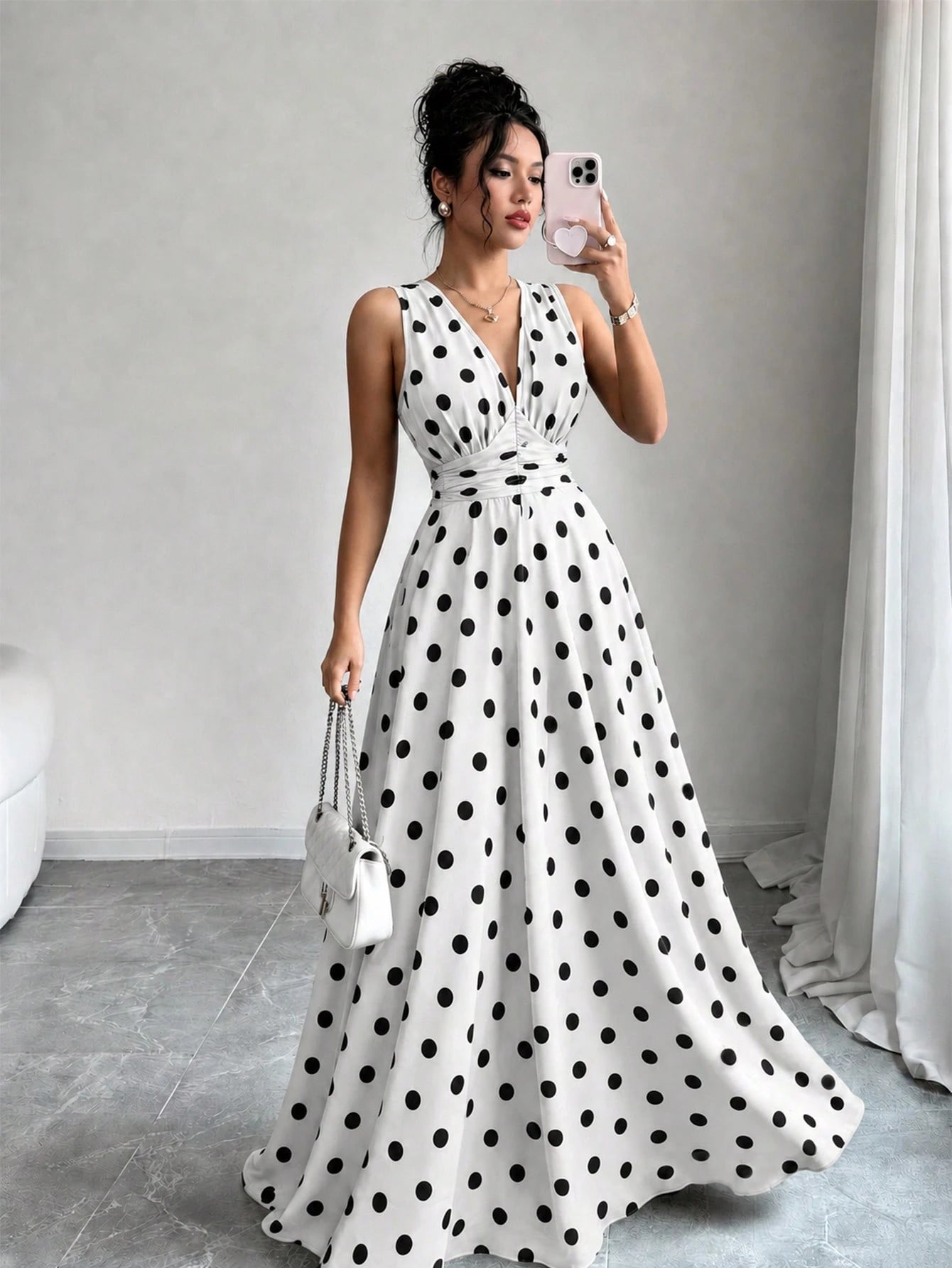Celisse Women's Elegant White Polka Dot Sleeveless V Neck Smocked Waist Flowy A Line Maxi Dress, Summer Vacation Party Date Holiday Beach Wedding Guest Outfit
