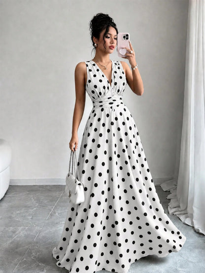Celisse Women's Elegant White Polka Dot Sleeveless V Neck Smocked Waist Flowy A Line Maxi Dress, Summer Vacation Party Date Holiday Beach Wedding Guest Outfit