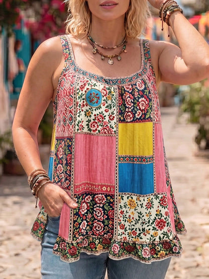 Ceyna Plus Size Women French Casual Boho Elegant Printed Camisole Tank Top Vacation Pink Summer Vacation