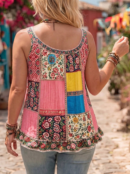 Ceyna Plus Size Women French Casual Boho Elegant Printed Camisole Tank Top Vacation Pink Summer Vacation