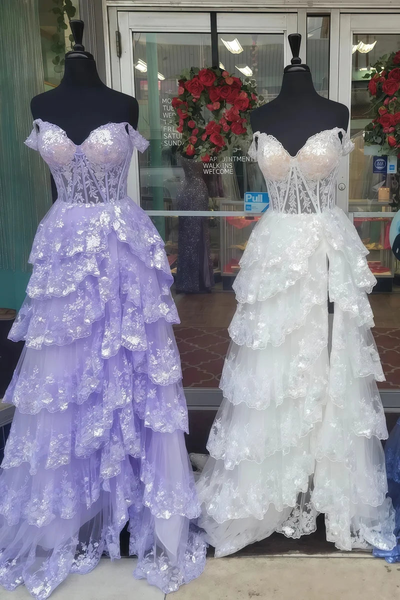 Charming Applique Tiered A-Line Senior Prom Dress, Long Party Gown,AST1622