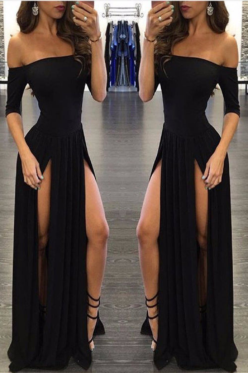 Charming Evening Dress Black Prom Dresses with Slit Chiffon Prom Dresses