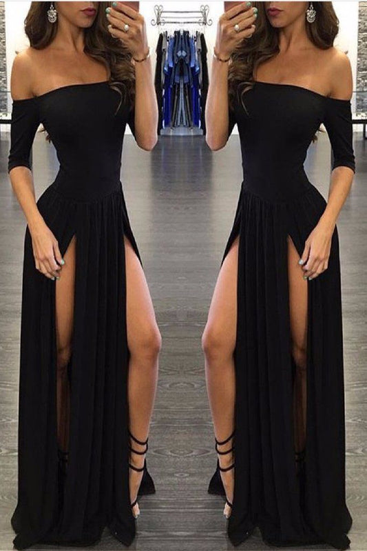 Charming Evening Dress Black Prom Dresses with Slit Chiffon Prom Dresses