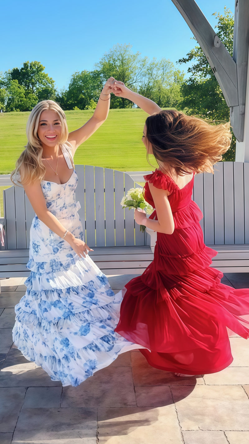 Charming Floral Chiffon Ruffle Prom Dress, Tie Straps Senior Prom Dress,AST1657