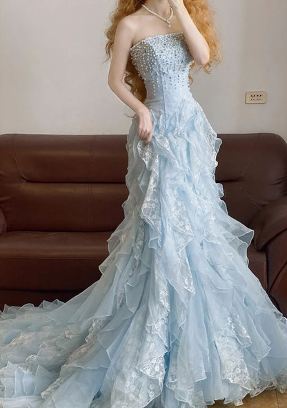 Charming Light Blue Ruffle Lace Prom Dresses Beaded Sleeveless Evening Party Dress,AST2139