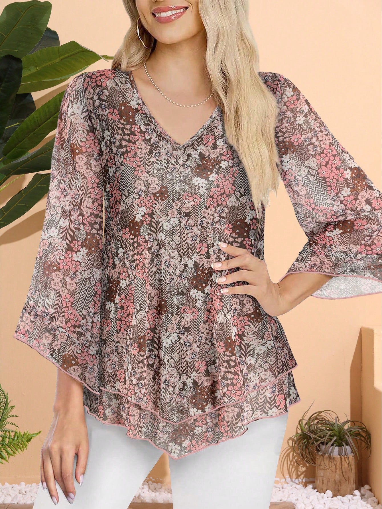 CheersLife Plus Size Women Elegant Blouse, V-Neck Double-Layer Elastic Mesh Casual Flowy Work Shirt With Ruffle Hem And 3/4 Bell Sleeves Vacation Spring