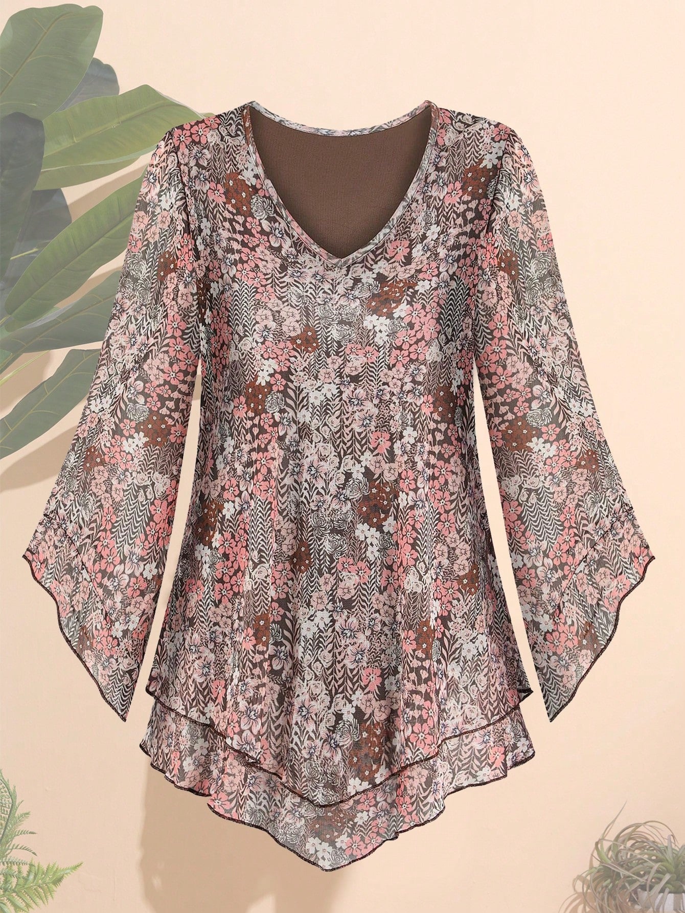 CheersLife Plus Size Women Elegant Blouse, V-Neck Double-Layer Elastic Mesh Casual Flowy Work Shirt With Ruffle Hem And 3/4 Bell Sleeves Vacation Spring
