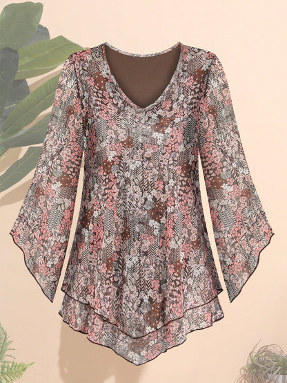 CheersLife Plus Size Women Elegant Blouse, V-Neck Double-Layer Elastic Mesh Casual Flowy Work Shirt With Ruffle Hem And 3/4 Bell Sleeves Vacation Spring