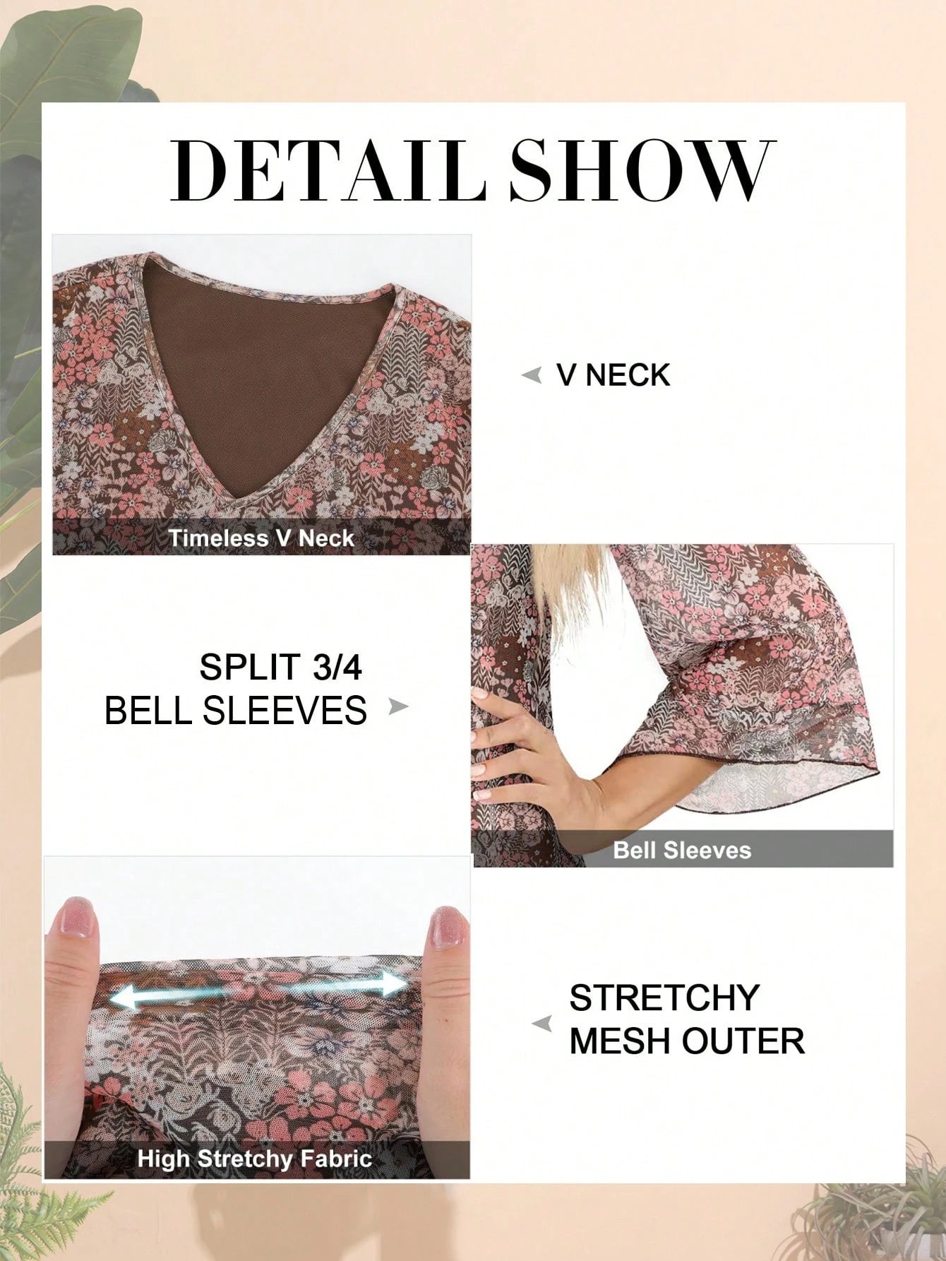 CheersLife Plus Size Women Elegant Blouse, V-Neck Double-Layer Elastic Mesh Casual Flowy Work Shirt With Ruffle Hem And 3/4 Bell Sleeves Vacation Spring