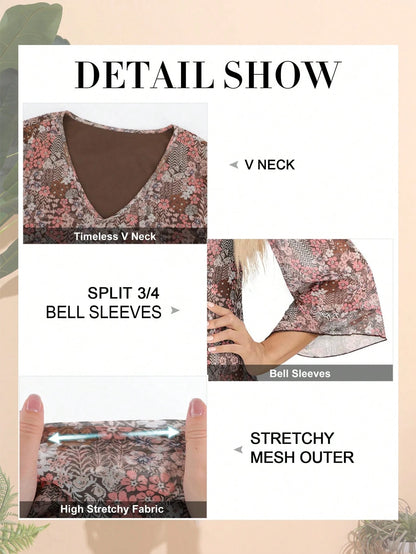 CheersLife Plus Size Women Elegant Blouse, V-Neck Double-Layer Elastic Mesh Casual Flowy Work Shirt With Ruffle Hem And 3/4 Bell Sleeves Vacation Spring