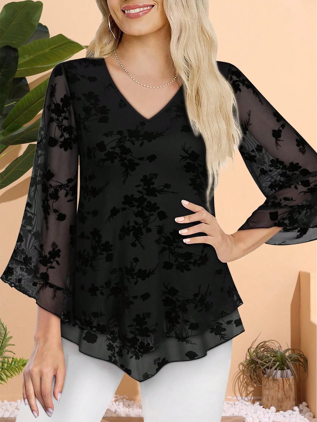 CheersLife Plus Size Women Elegant Blouse, V-Neck Double-Layer Elastic Mesh Casual Flowy Work Shirt With Ruffle Hem And 3/4 Bell Sleeves Vacation Spring