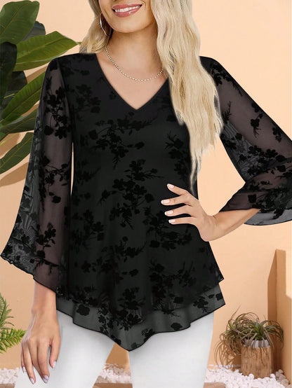 CheersLife Plus Size Women Elegant Blouse, V-Neck Double-Layer Elastic Mesh Casual Flowy Work Shirt With Ruffle Hem And 3/4 Bell Sleeves Vacation Spring
