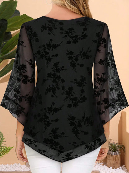 CheersLife Plus Size Women Elegant Blouse, V-Neck Double-Layer Elastic Mesh Casual Flowy Work Shirt With Ruffle Hem And 3/4 Bell Sleeves Vacation Spring