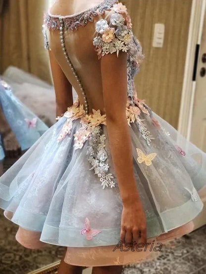 Chic 3D Floral Scoop Short Sleeve Short Homecoming Dress Prom Dress, AST1009