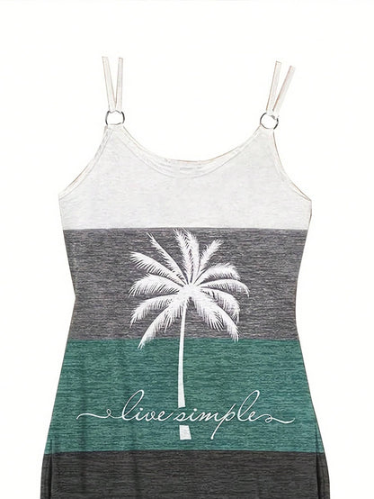ChicMe Colorblock Palm Tree Print Mini Dress With Pockets, Casual Summer Outfit Elegant Vacation