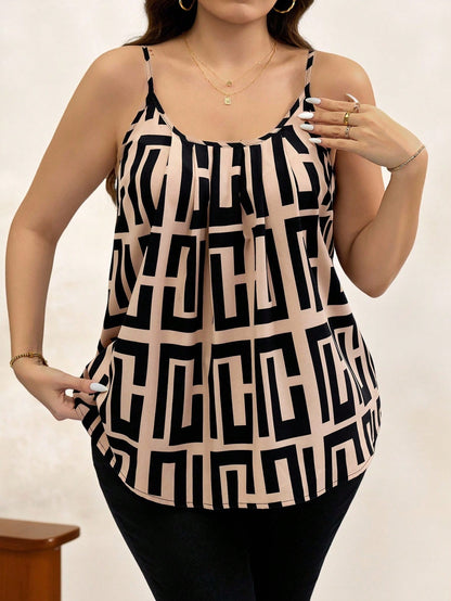 Chikora Plus Size Spaghetti Strap Allover Print Simple Sexy Casual Top Spring/Summer Casual For Women Bussines Black