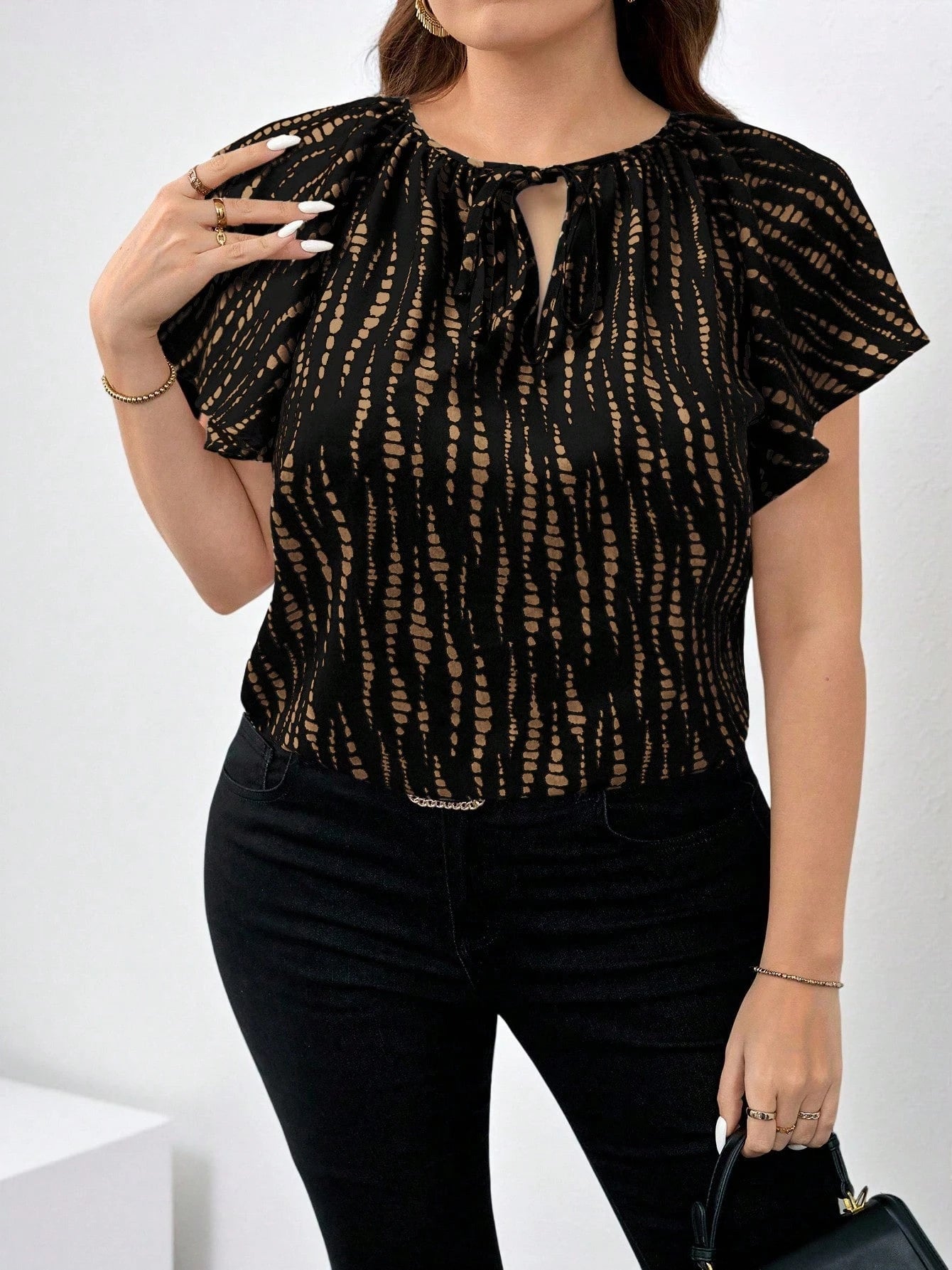 Chikora Plus Size Women Round Neck Hollow Casual Versatile Daily Wear Short Sleeve Blouse
