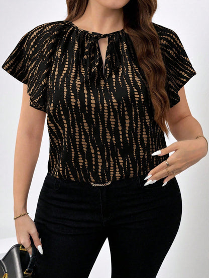 Chikora Plus Size Women Round Neck Hollow Casual Versatile Daily Wear Short Sleeve Blouse