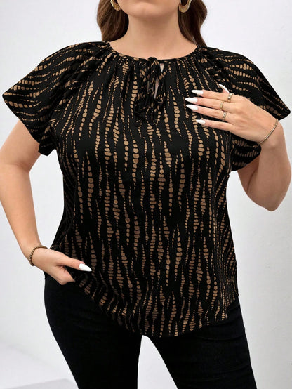 Chikora Plus Size Women Round Neck Hollow Casual Versatile Daily Wear Short Sleeve Blouse