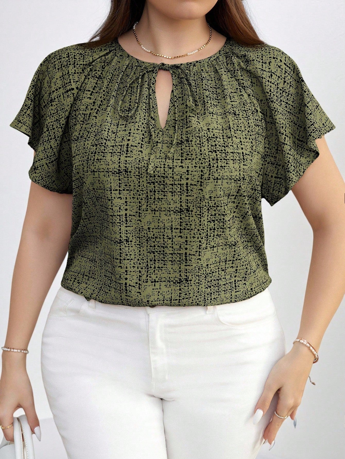 Chikora Plus Size Women Round Neck Hollow Casual Versatile Daily Wear Short Sleeve Blouse