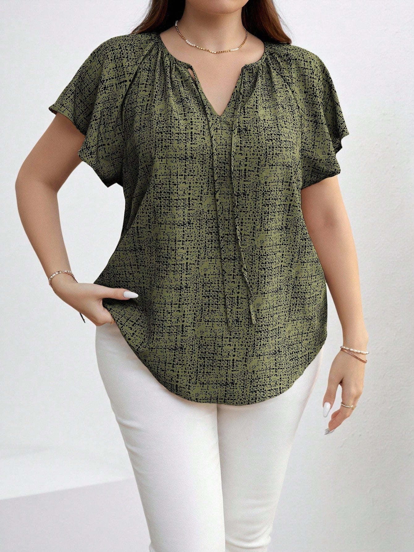 Chikora Plus Size Women Round Neck Hollow Casual Versatile Daily Wear Short Sleeve Blouse