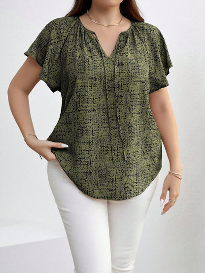 Chikora Plus Size Women Round Neck Hollow Casual Versatile Daily Wear Short Sleeve Blouse