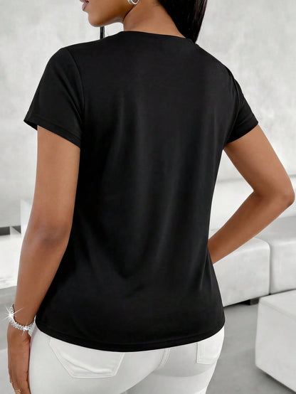 Clasi CURVE Plus Size French Surplice Neck Fitted Short Sleeve T-Shirt, Summer High-End Cinched Waist Top, Elegant Office Lady Wear