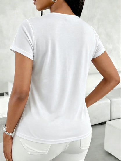 Clasi CURVE Plus Size French Surplice Neck Fitted Short Sleeve T-Shirt, Summer High-End Cinched Waist Top, Elegant Office Lady Wear