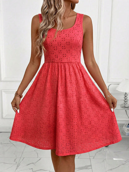 Clasi Elegant Women's Coral Pink Summer Boho Holiday Vacation Jacquard Pattern Sleeveless High Waist A-Line Stretch Knit Dress Casual Teacher Outfits