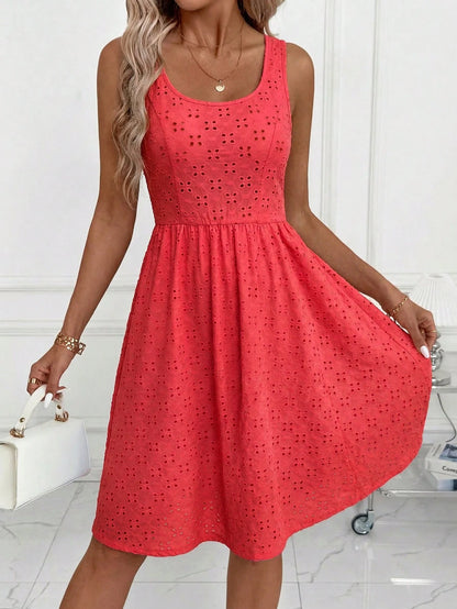 Clasi Elegant Women's Coral Pink Summer Boho Holiday Vacation Jacquard Pattern Sleeveless High Waist A-Line Stretch Knit Dress Casual Teacher Outfits