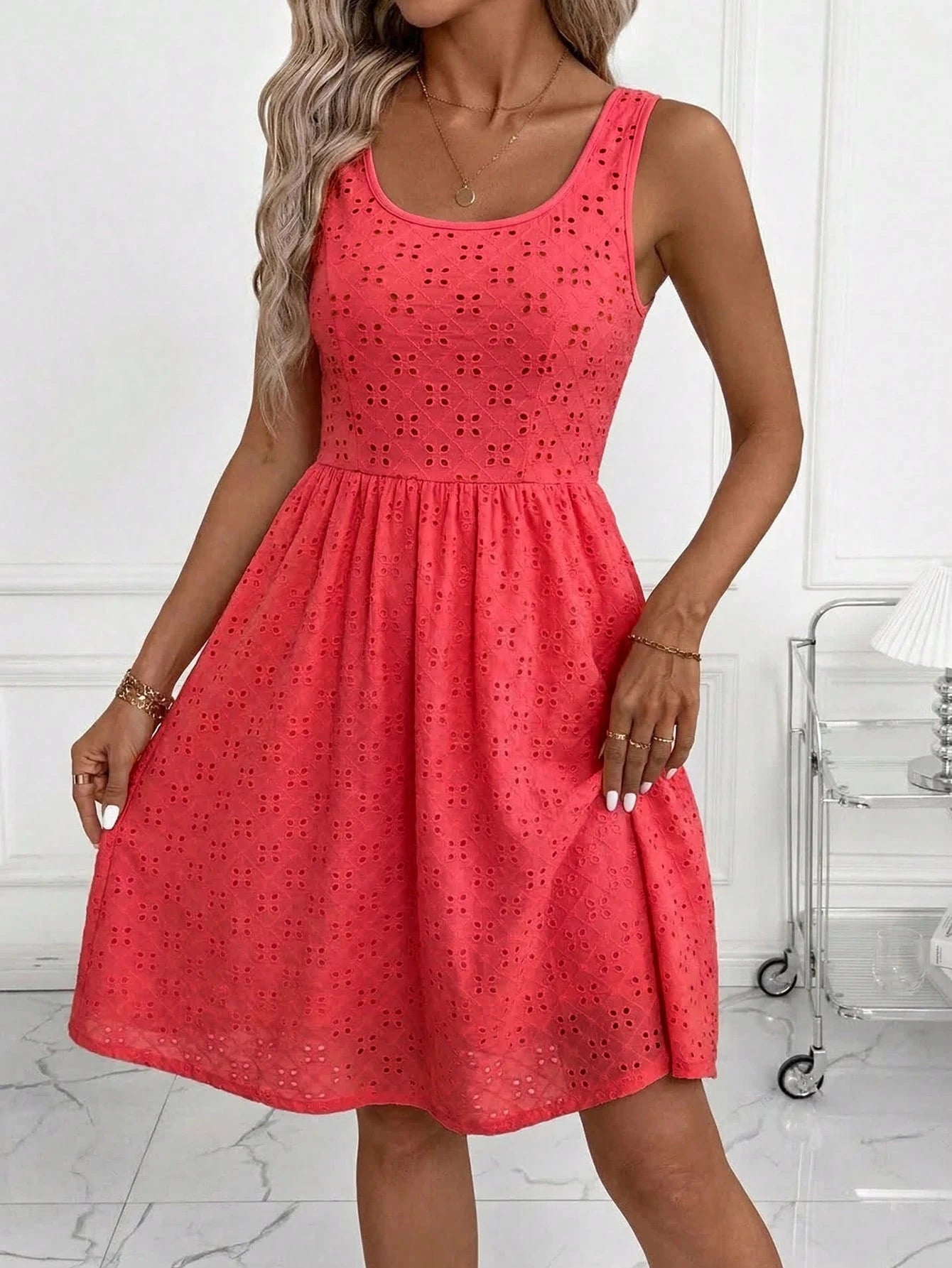 Clasi Elegant Women's Coral Pink Summer Boho Holiday Vacation Jacquard Pattern Sleeveless High Waist A-Line Stretch Knit Dress Casual Teacher Outfits