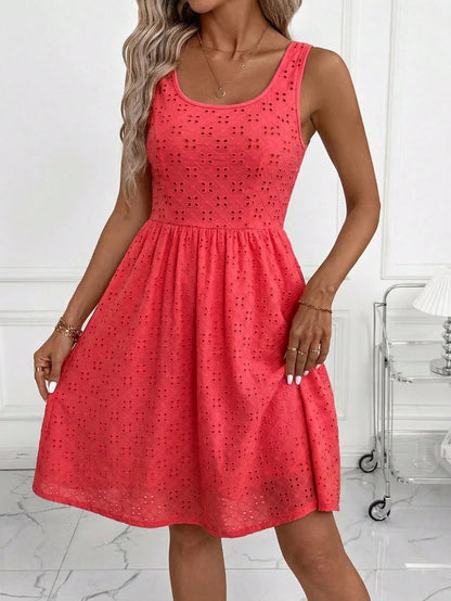 Clasi Elegant Women's Coral Pink Summer Boho Holiday Vacation Jacquard Pattern Sleeveless High Waist A-Line Stretch Knit Dress Casual Teacher Outfits