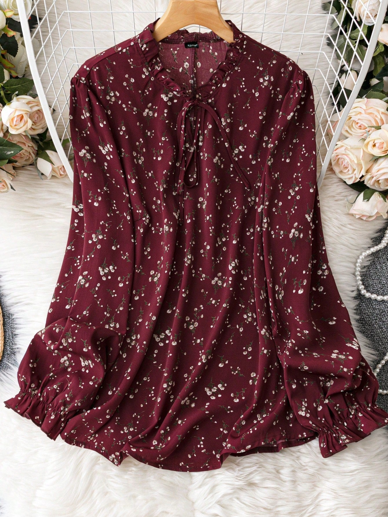 Clasi Plus Ditsy Floral Print Tie Neck Flounce Sleeve Blouse Fall Cloth For Women