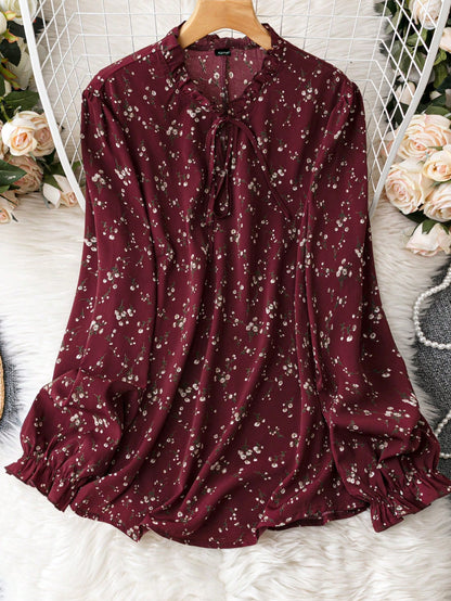 Clasi Plus Ditsy Floral Print Tie Neck Flounce Sleeve Blouse Fall Cloth For Women