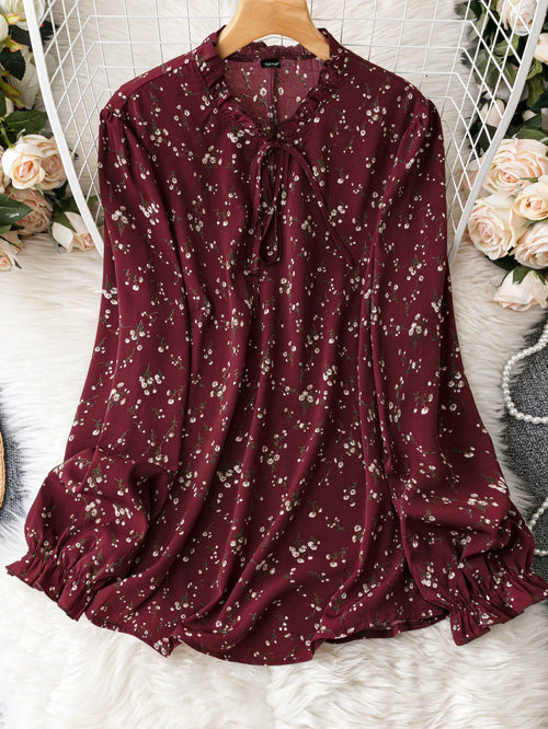 Clasi Plus Ditsy Floral Print Tie Neck Flounce Sleeve Blouse Fall Cloth For Women