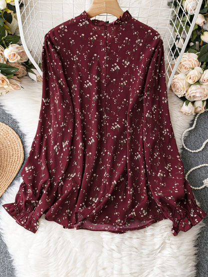 Clasi Plus Ditsy Floral Print Tie Neck Flounce Sleeve Blouse Fall Cloth For Women