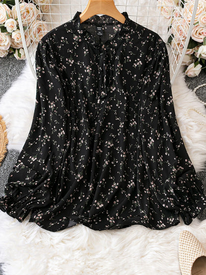 Clasi Plus Ditsy Floral Print Tie Neck Flounce Sleeve Blouse Fall Cloth For Women