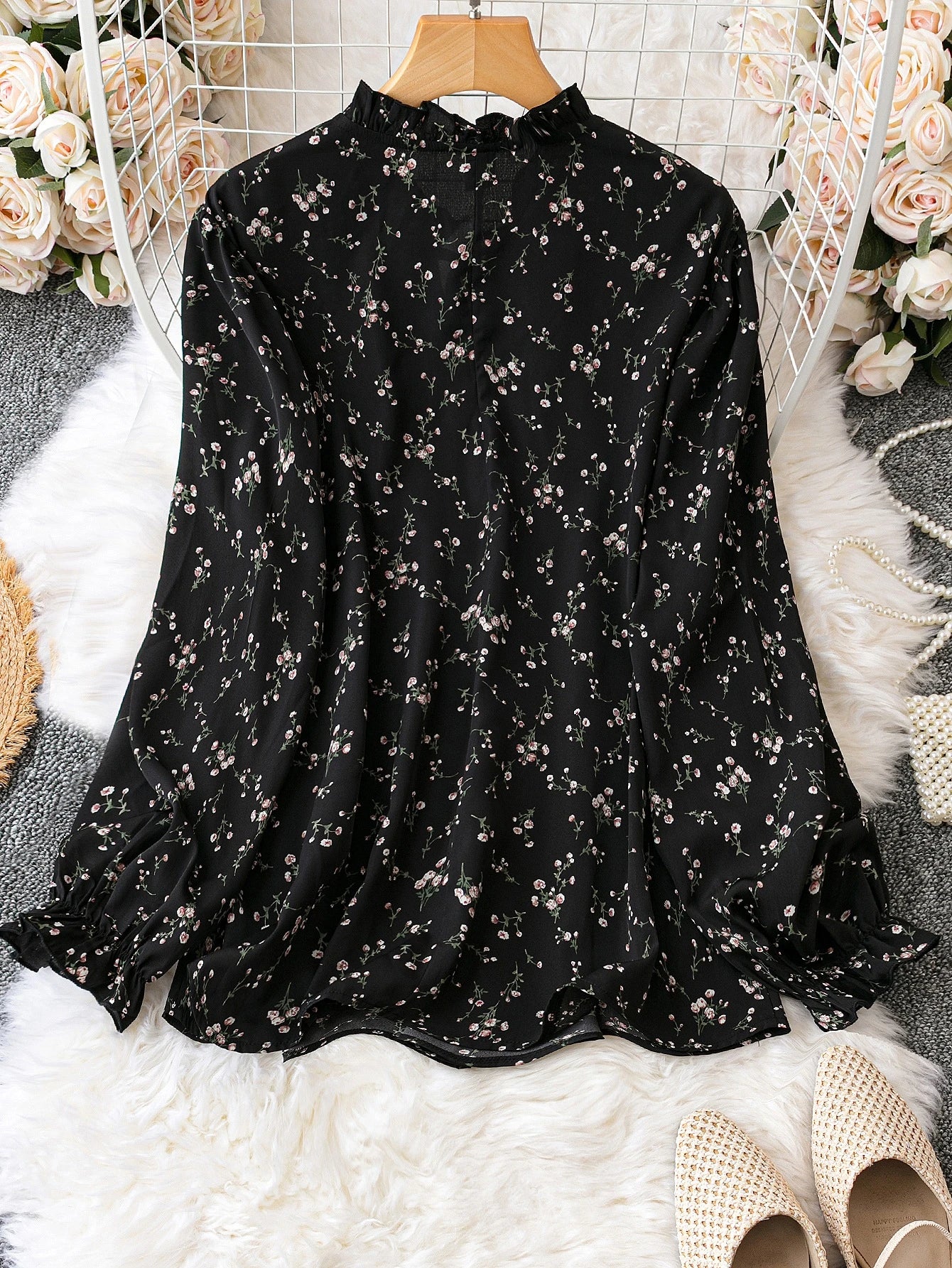 Clasi Plus Ditsy Floral Print Tie Neck Flounce Sleeve Blouse Fall Cloth For Women