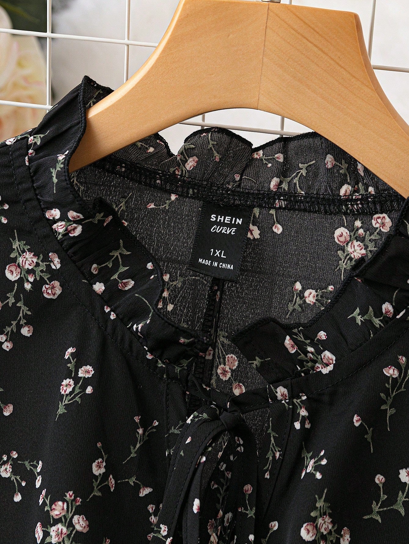 Clasi Plus Ditsy Floral Print Tie Neck Flounce Sleeve Blouse Fall Cloth For Women