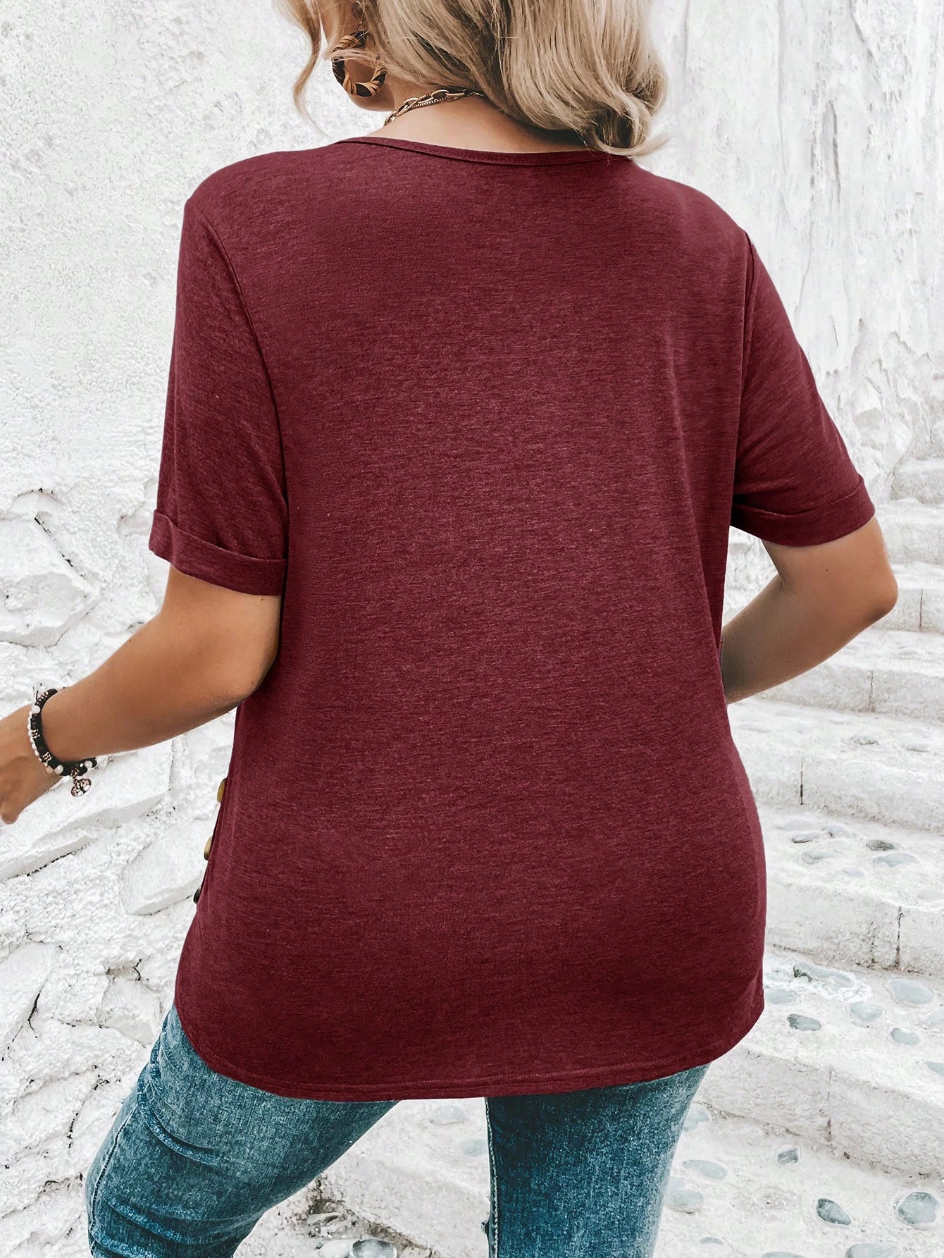 Clasi Plus Size Button Detail Curved Hem T-Shirt