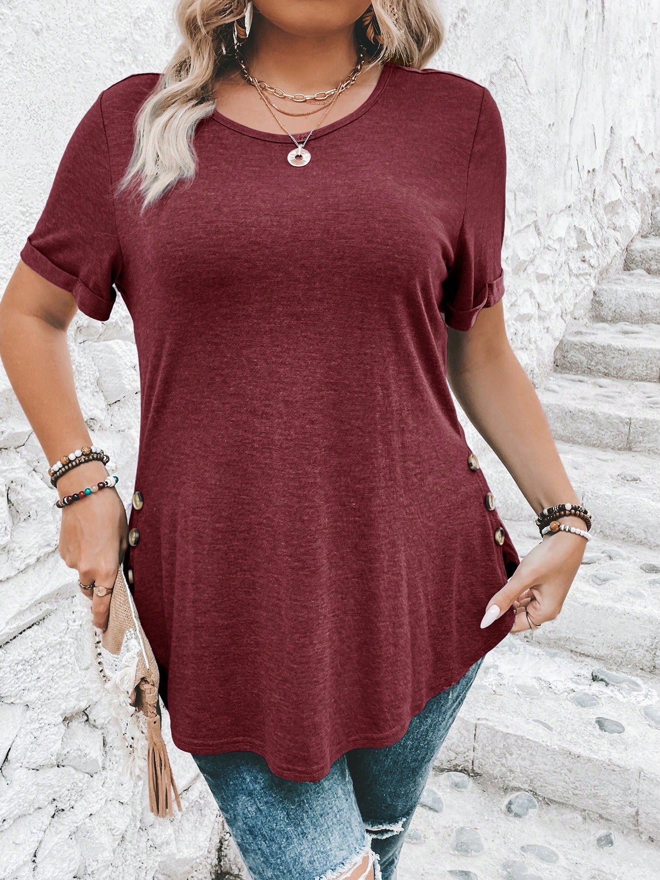 Clasi Plus Size Button Detail Curved Hem T-Shirt