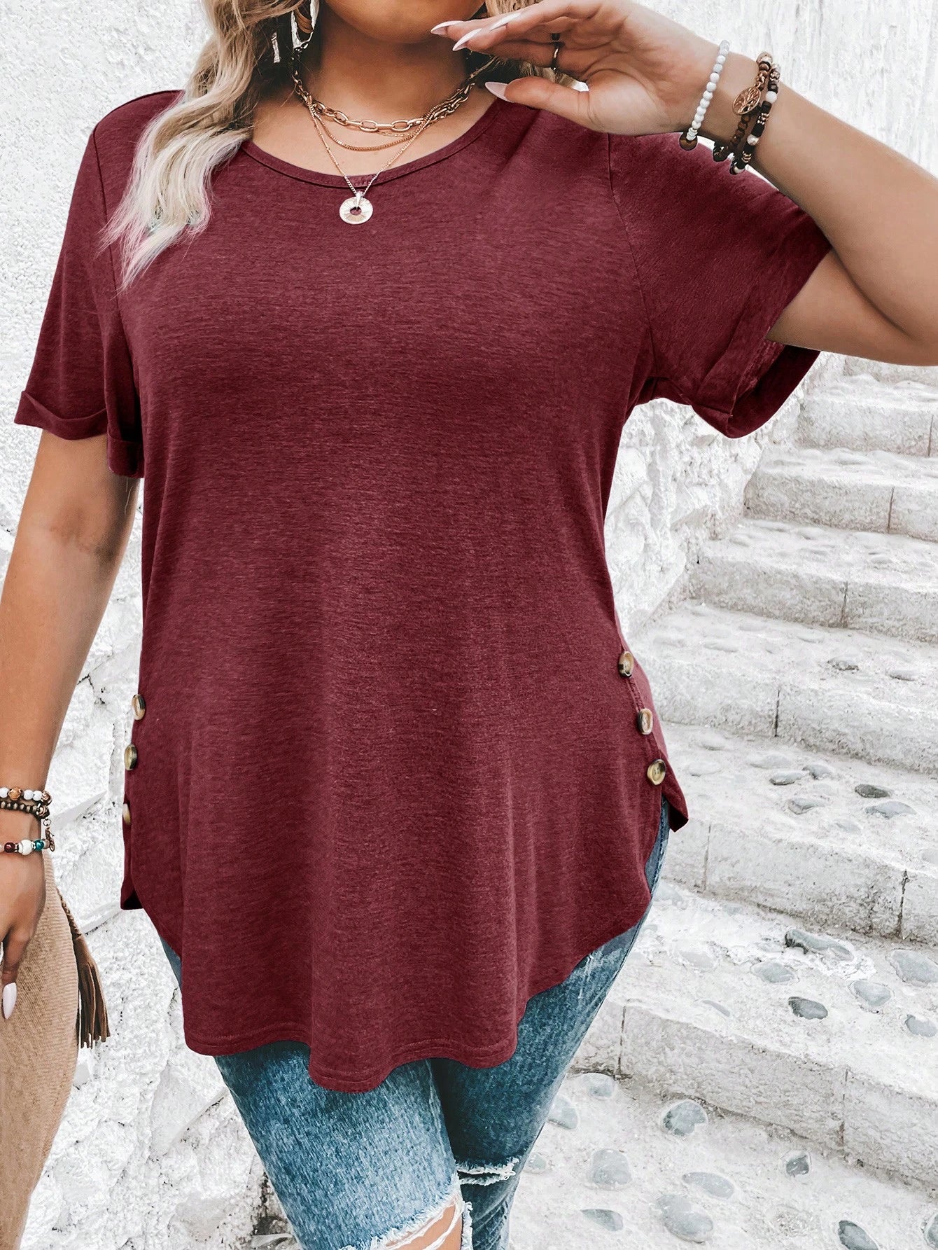 Clasi Plus Size Button Detail Curved Hem T-Shirt